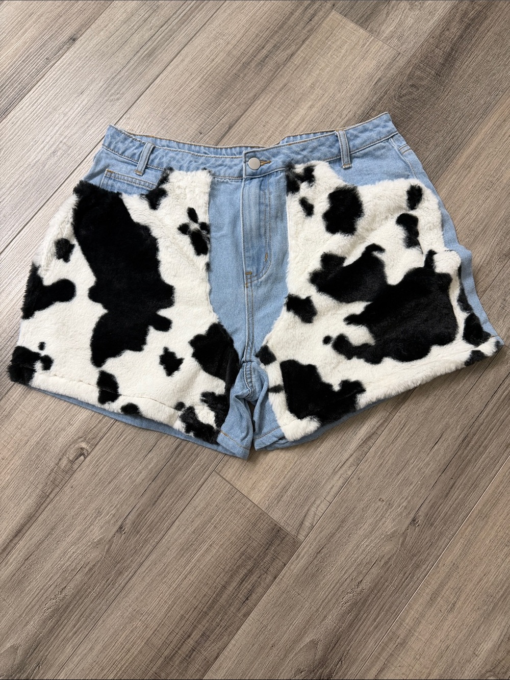 SHEIN Light Blue Denim Shorts with Black & White Faux Fur Panels